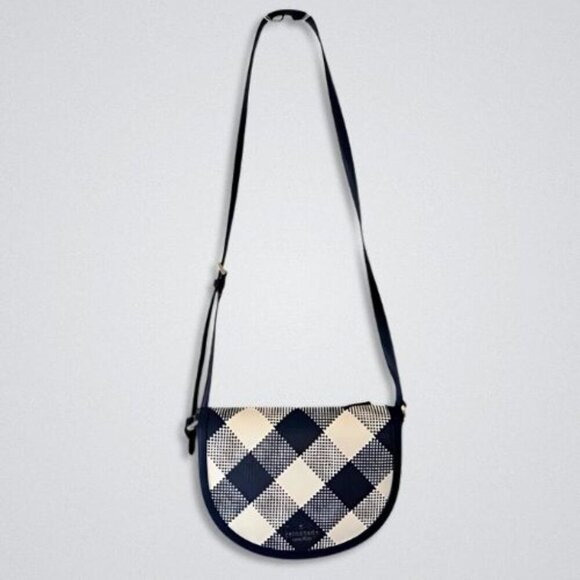 Kate Spade New York Luna Crossbody Bag Gingham Woven Straw Crescent Blue/ White - Picture 2 of 16